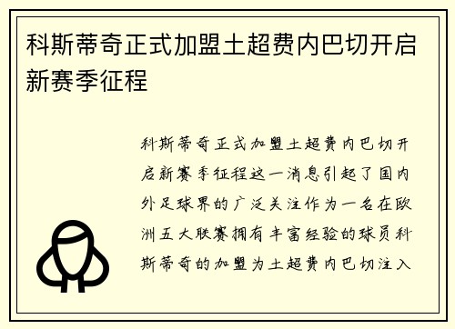 科斯蒂奇正式加盟土超费内巴切开启新赛季征程